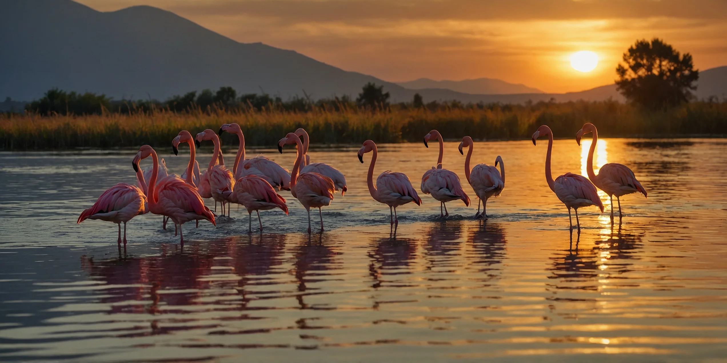 A breathtakingly vibrant tableau unfolds at Kerkini Lake in Greece: a flock of majestic flamingos illuminated by the golden hues of a late September sunset. This epic 4K photograph captures the graceful birds in all their pink-hued glory, their elegantly curved necks and slender legs reflected in the calm waters. Each feather of their plumage seems to glow with a fiery intensity, enhancing the magical atmosphere of this stunning image. The impeccable clarity and rich colors of the photograph transport viewers to the tranquil beauty of this natural habitat, making it a truly captivating sight to behold. A breathtakingly vibrant tableau unfolds at Kerkini Lake in Greece: a flock of majestic flamingos illuminated by the golden hues of a late September sunset. This epic 4K photograph captures the graceful birds in all their pink-hued glory, their elegantly curved necks and slender legs reflected in the calm waters. Each feather of their plumage seems to glow with a fiery intensity, enhancing the magical atmosphere of this stunning image. The impeccable clarity and rich colors of the photograph transport viewers to the tranquil beauty of this natural habitat, making it a truly captivating sight to behold.